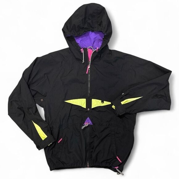 Vintage Helly Hansen Jacket Black Neon 90s retro Hooded Anorak Sailing Mens XL - Picture 1 of 9